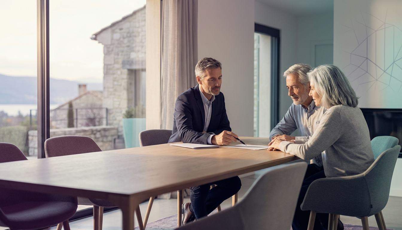 Un conseiller immobilier assis à une table de salle à manger moderne avec un couple de propriétaires