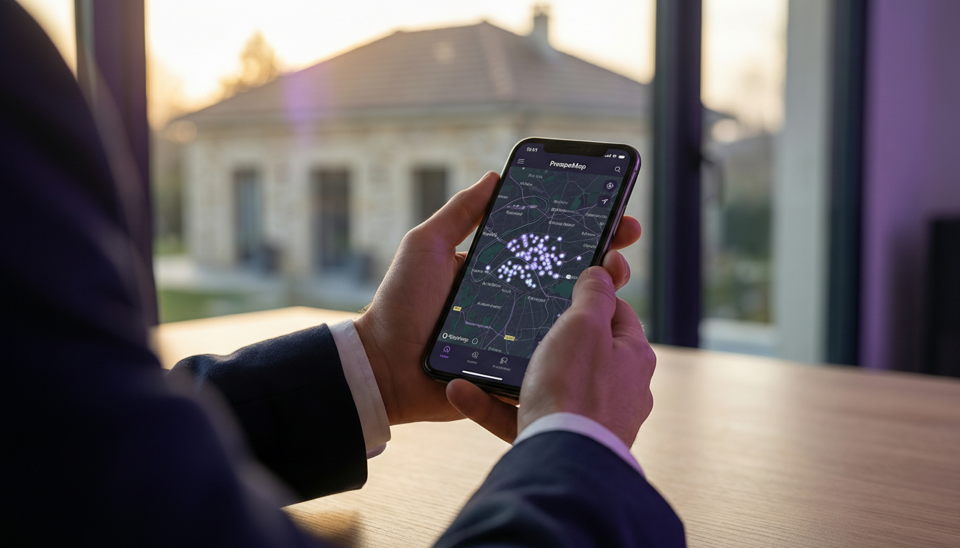 Gros plan sur les mains d'un professionnel de l'immobilier tenant un smartphone montrant l'interface