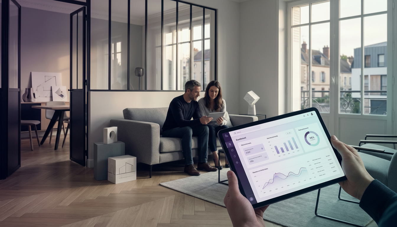 Vue intérieure d'un salon moderne fraîchement rénové avec parquet clair et verrière type atelier. Un