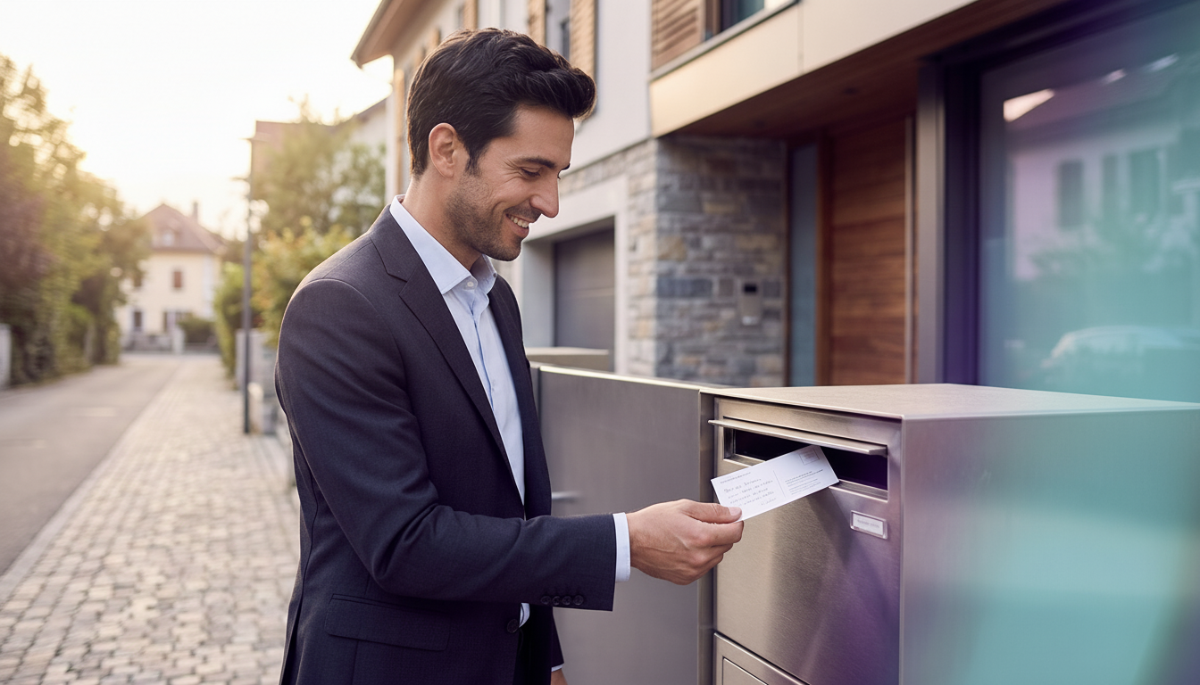 Un conseiller immobilier souriant, debout devant une boîte aux lettres de maison de ville, en train 