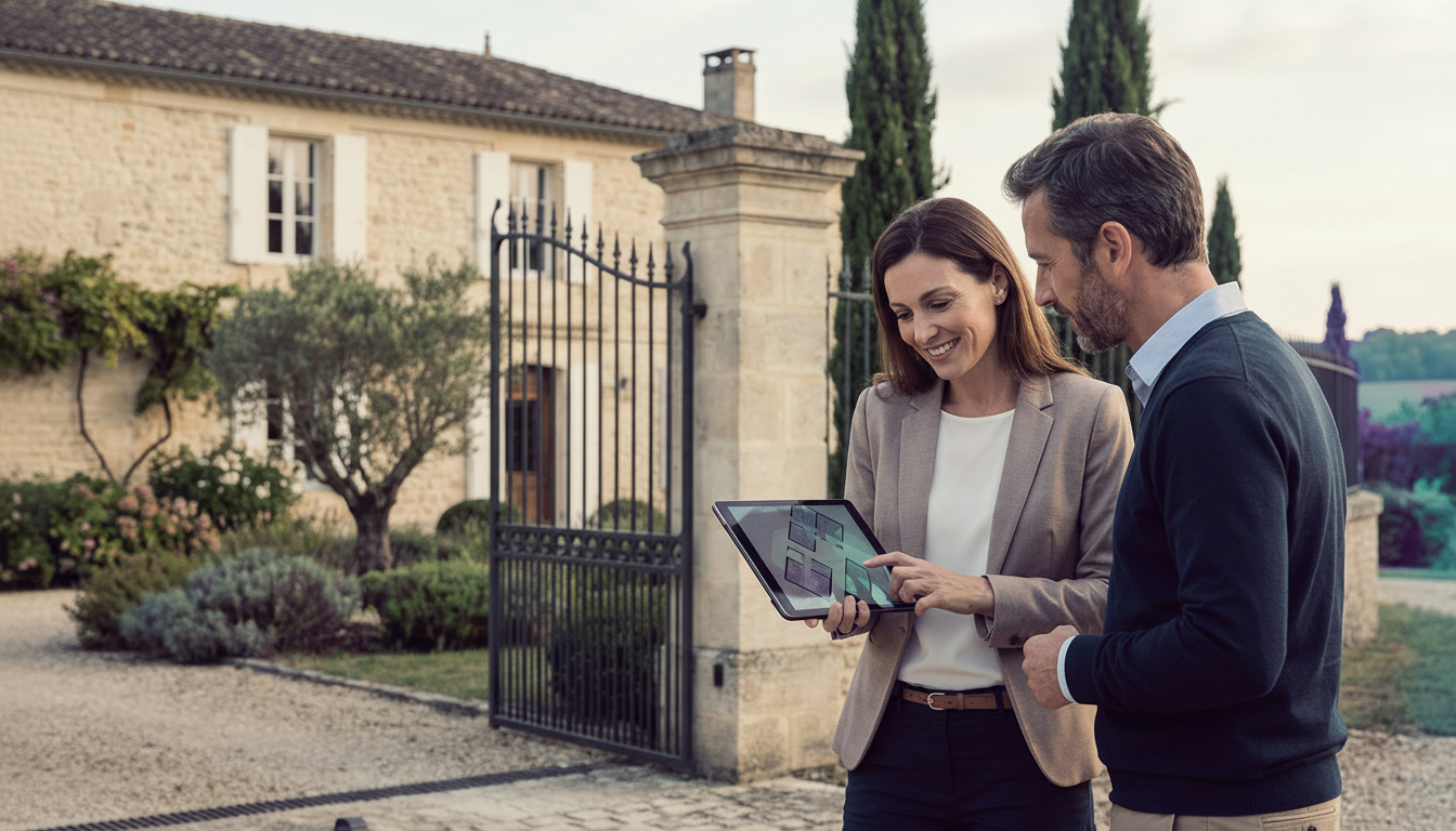 Une conseillère immobilière discutant de manière détendue avec un propriétaire devant le portail d'u