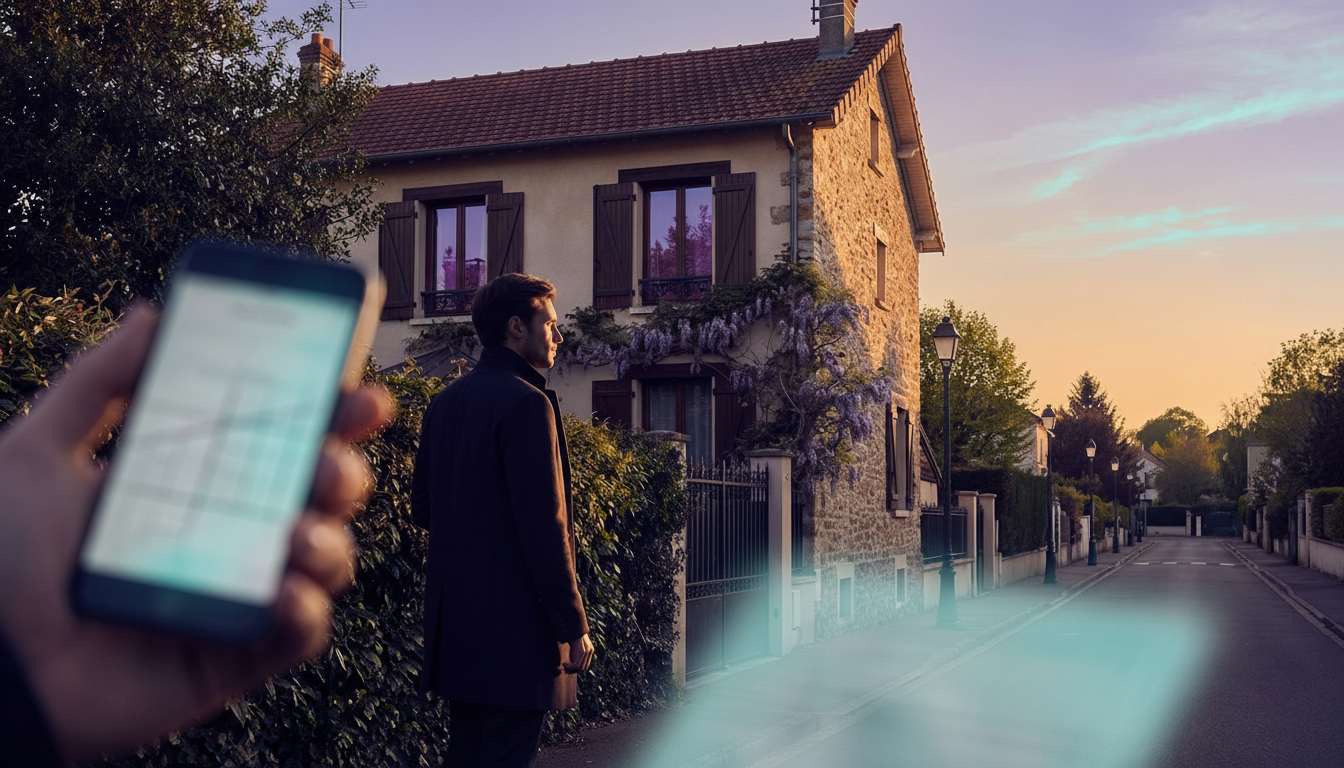 Conseiller immobilier observant discrètement une maison de style traditionnel français en banlieue r