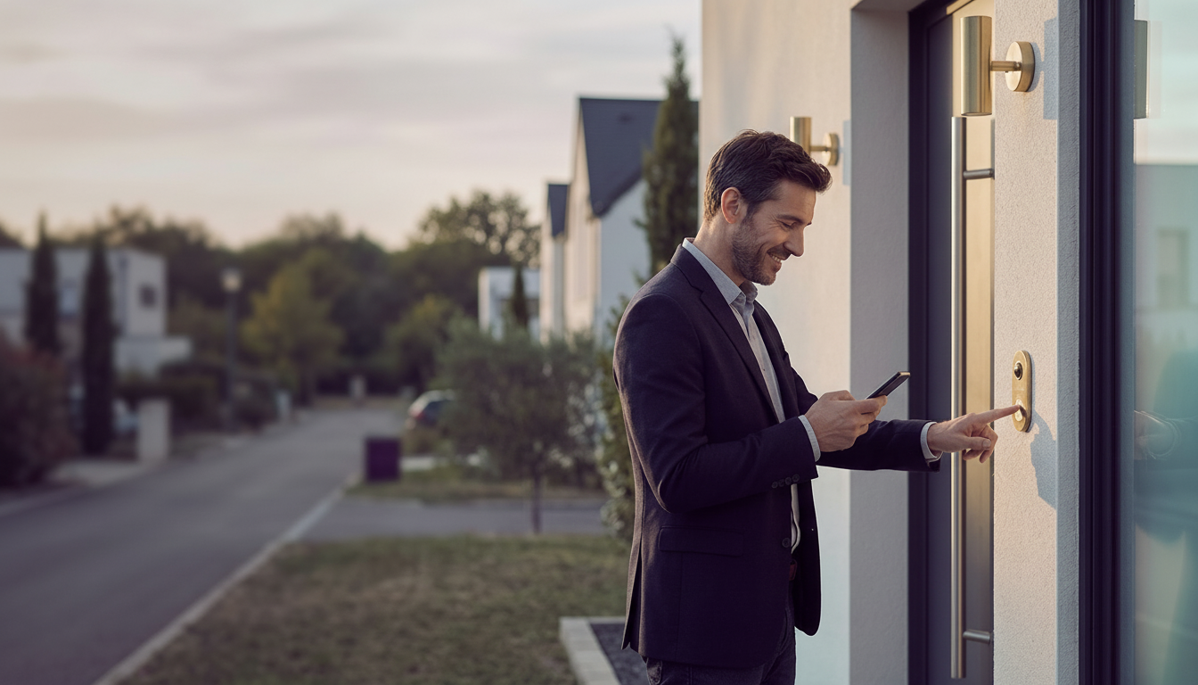 Conseiller immobilier souriant devant un pavillon de banlieue française, consultant discrètement les
