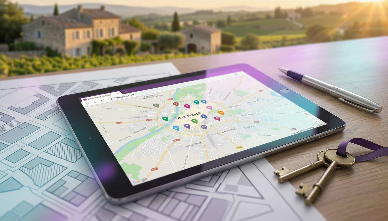 Vue en plongée d'une tablette affichant une carte interactive avec des marqueurs de différentes coul