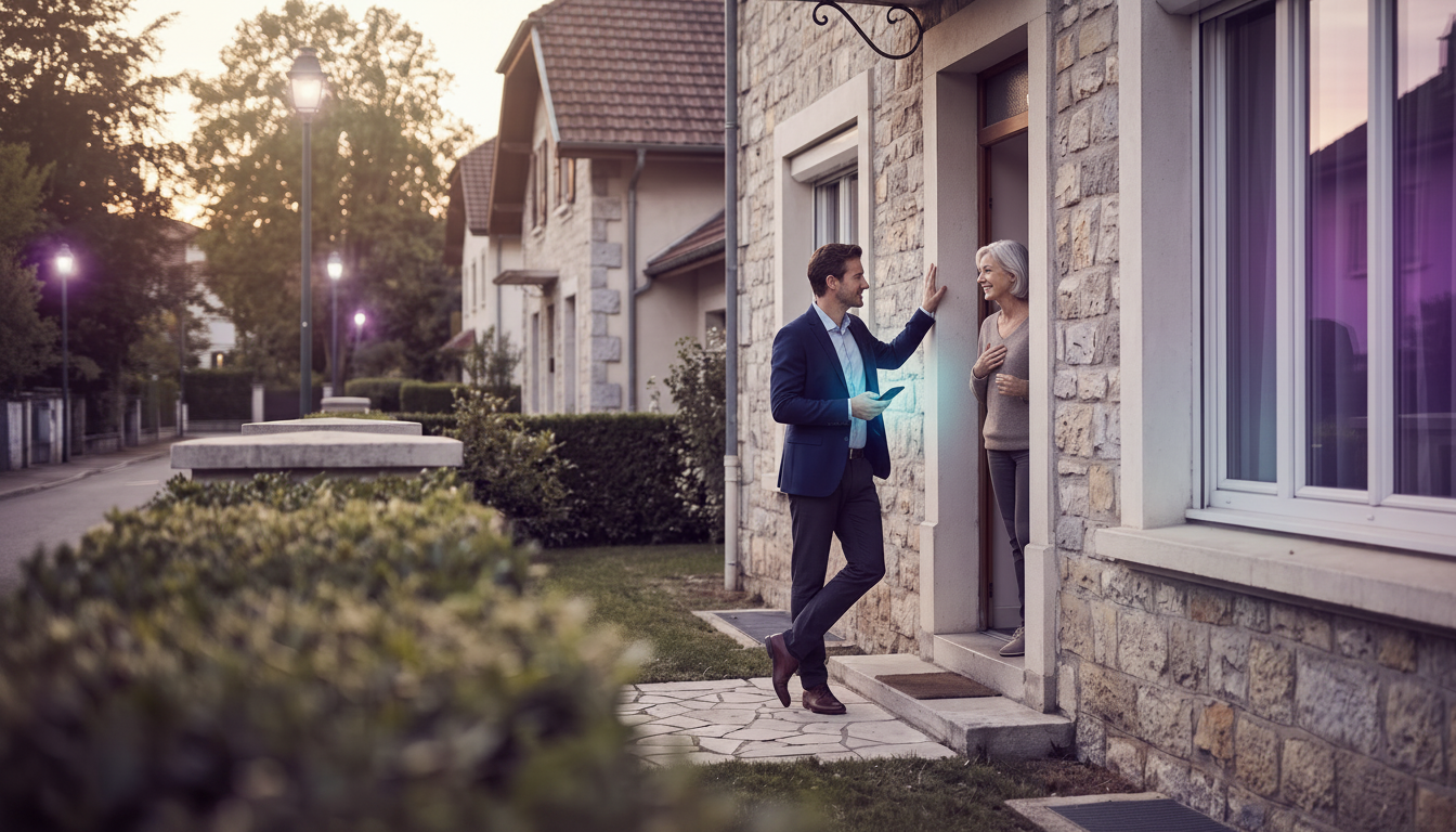 Professionnel de l'immobilier discutant sereinement avec un propriétaire quinquagénaire sur le pas d
