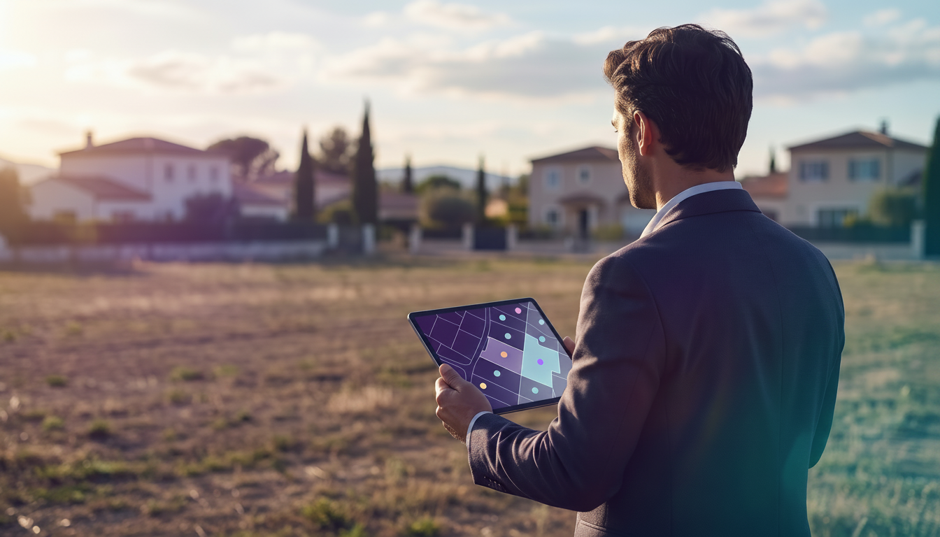 Conseiller immobilier de dos, regardant un grand terrain depuis la rue avec une tablette en main, co
