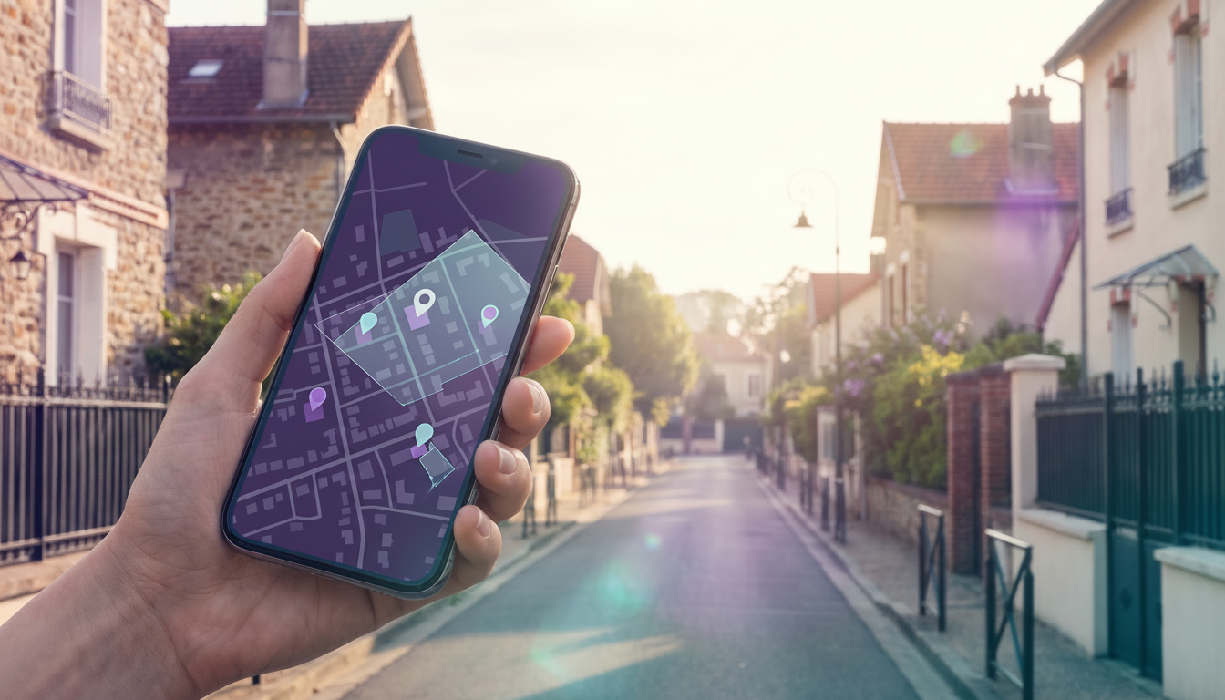 Écran de smartphone tenu en main montrant l'interface de ProspeMap avec des marqueurs DVF superposés