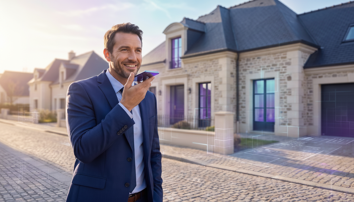Conseiller immobilier souriant en costume de ville, se tenant dans une rue pavillonnaire française e
