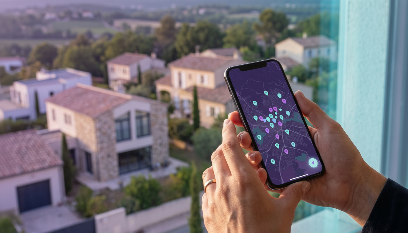 Gros plan sur les mains d'un conseiller immobilier tenant un smartphone affichant une carte interact