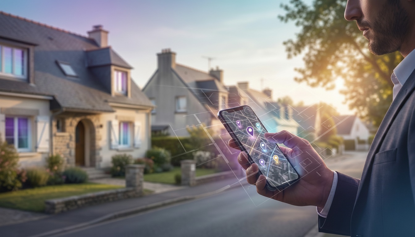 Conseiller immobilier sur le terrain, tenant un smartphone affichant une carte interactive avec des 