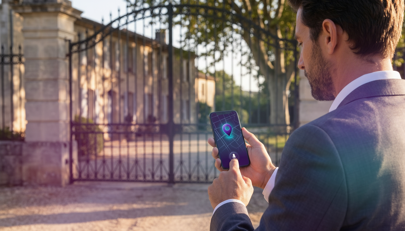 Vue par-dessus l'épaule d'un professionnel de l'immobilier utilisant la dictée vocale sur son téléph