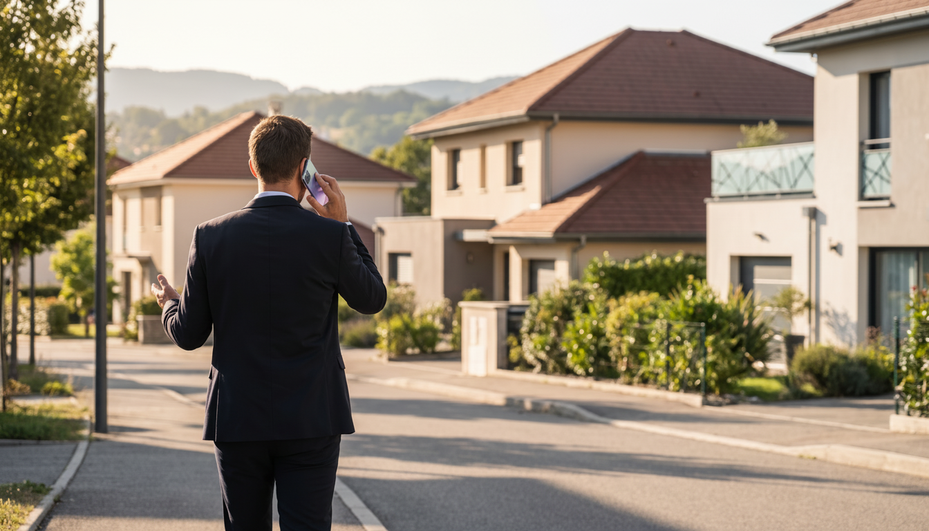 Conseiller immobilier de dos, marchant dans une rue pavillonnaire ensoleillée, tenant son smartphone