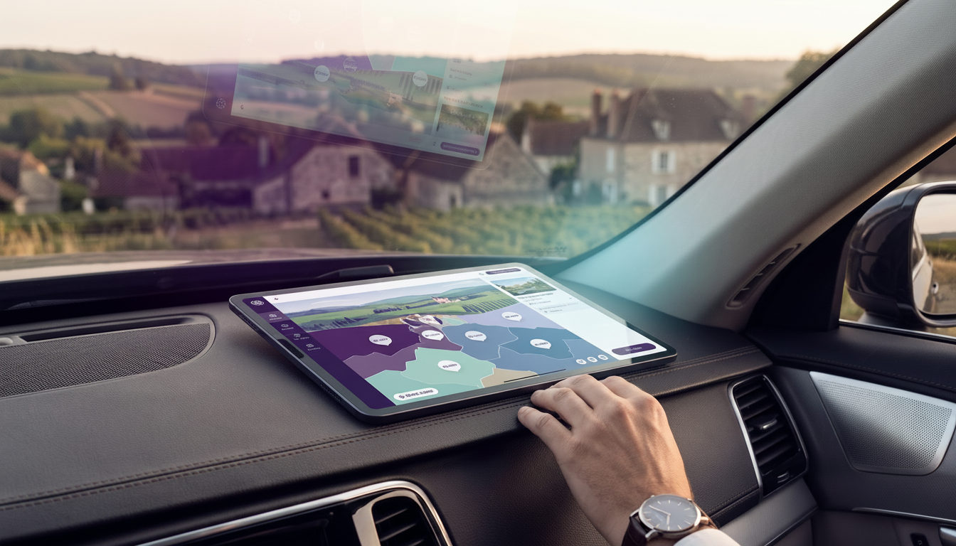 Vue de dessus d'une tablette posée sur le tableau de bord d'une voiture garée en campagne, affichant