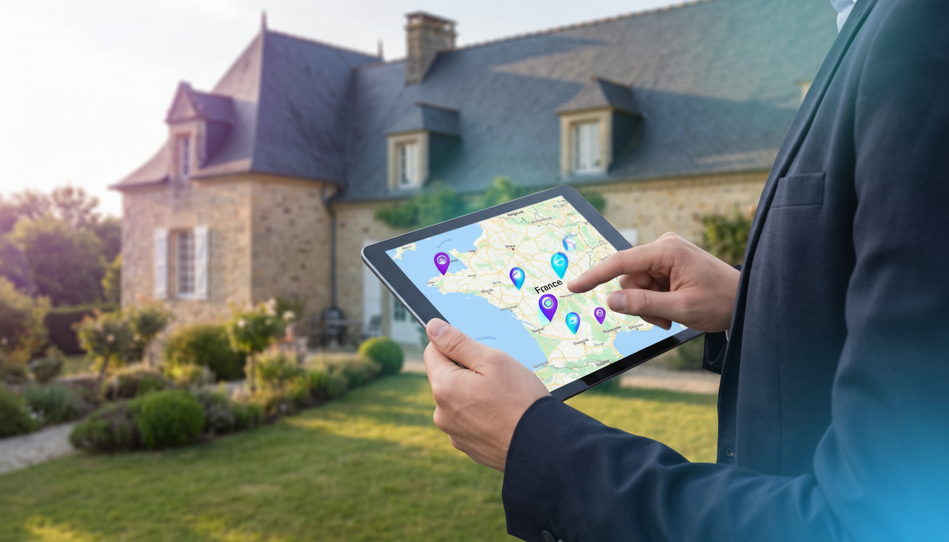 Gros plan sur les mains d'un professionnel de l'immobilier tenant une tablette affichant une carte i