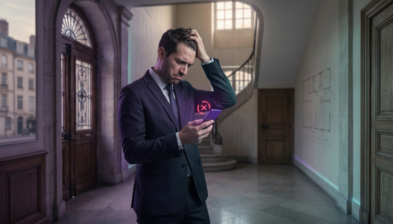 Un conseiller immobilier frustré en costume de ville, regardant son smartphone affichant un symbole