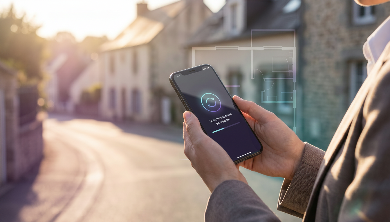 Vue rapprochée sur les mains d'une conseillère immobilière tenant un smartphone avec une interface d