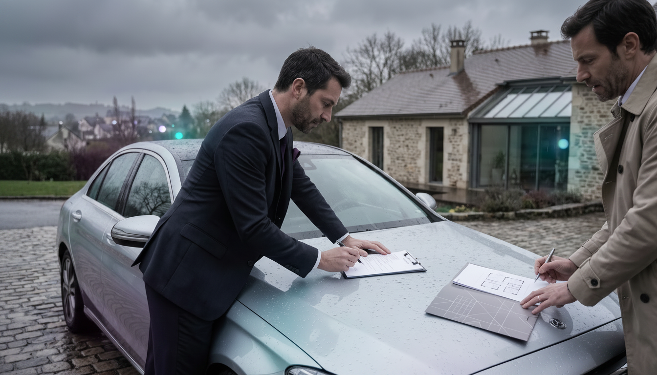 Conseiller en transaction immobilière en costume, sous un ciel gris, signant un document papier posé