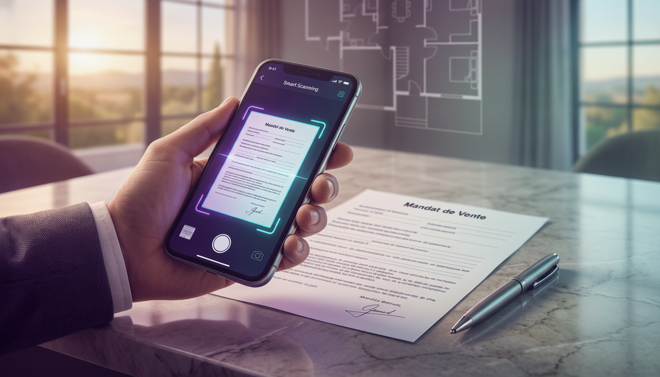 Gros plan sur les mains d'un professionnel de l'immobilier utilisant son smartphone pour scanner un