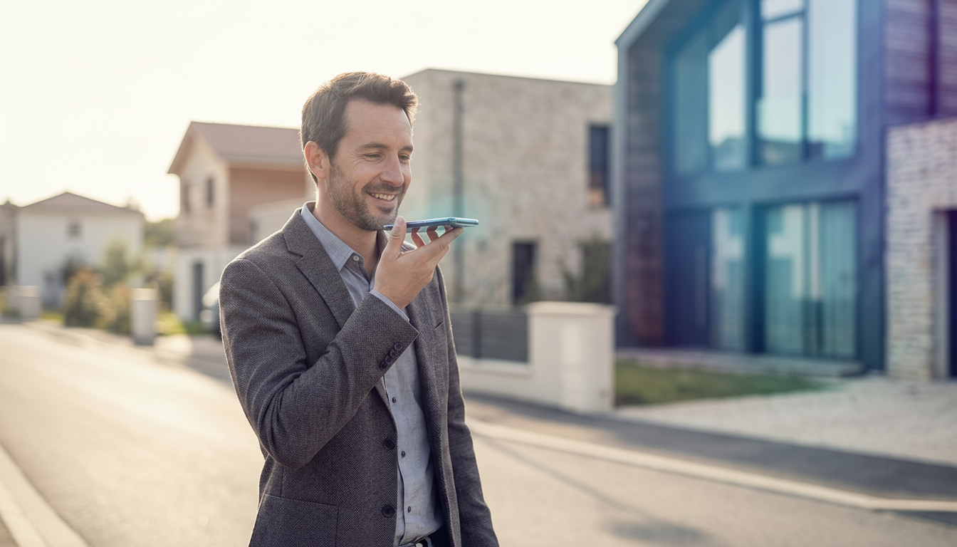 Conseiller immobilier en tenue décontractée chic, debout dans une rue résidentielle ensoleillée avec