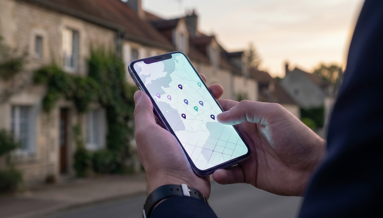 Gros plan sur les mains d'un professionnel de l'immobilier tenant un smartphone moderne. L'écran aff