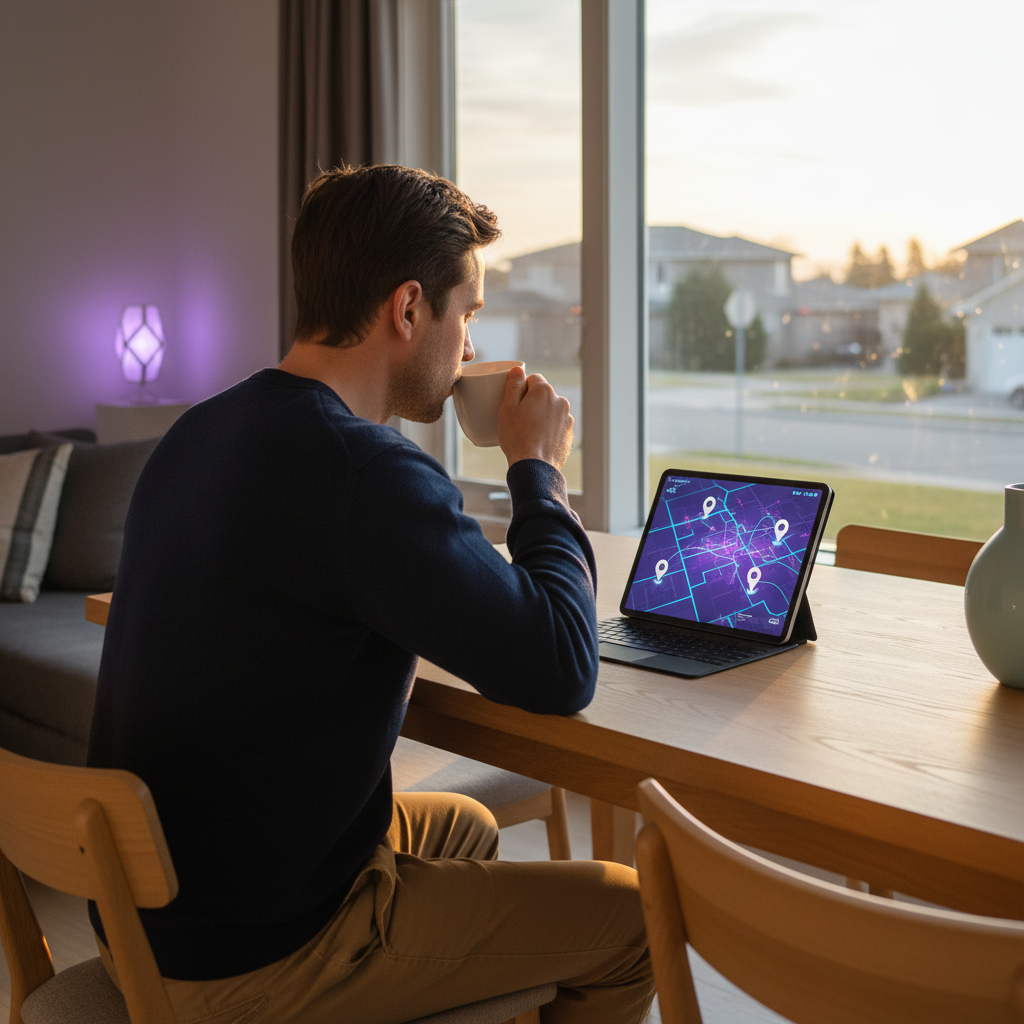 Conseiller immobilier prenant son café matinal en regardant une carte interactive sur sa tablette lu