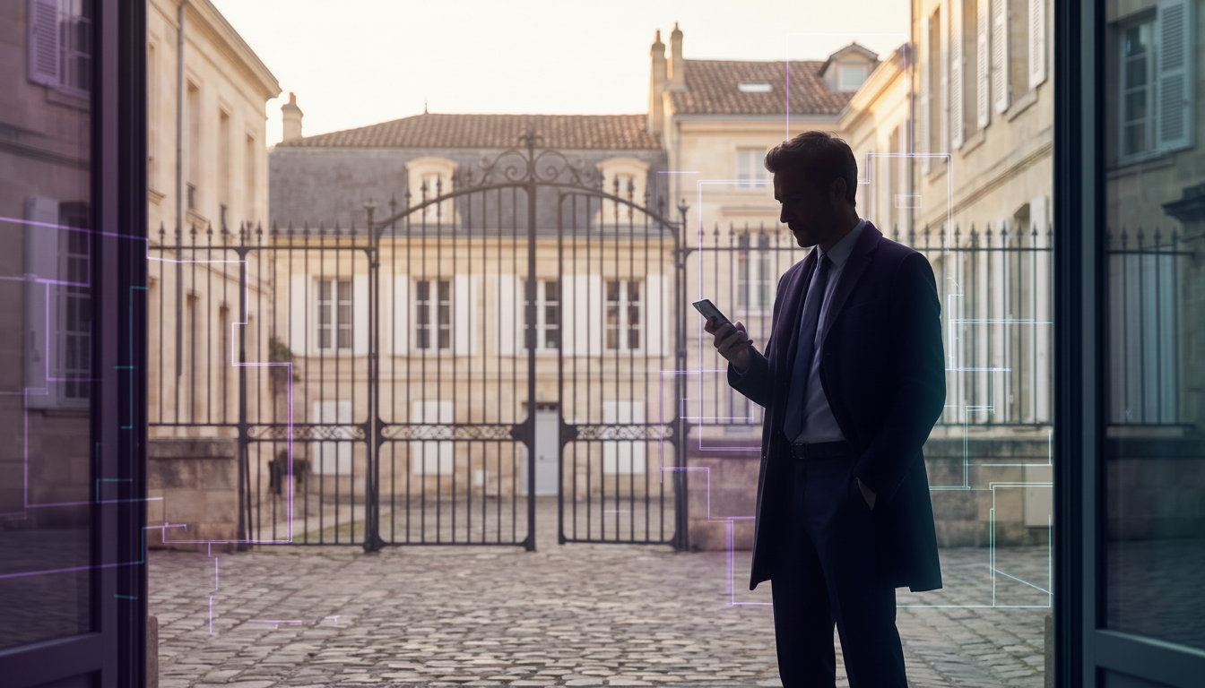 Conseiller immobilier itinérant effectuant une dictée vocale sur son smartphone devant un élégant po
