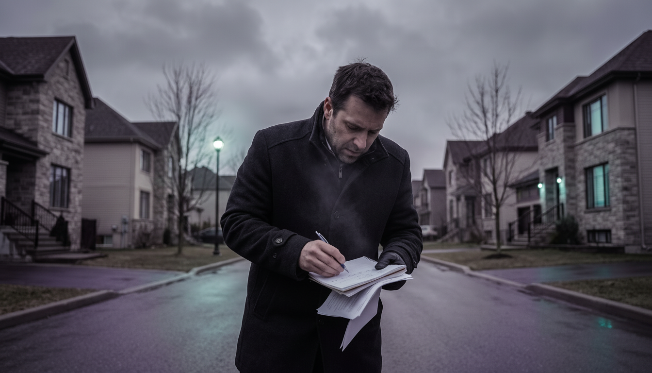 Conseiller immobilier en manteau d'hiver dans une rue résidentielle pavillonnaire française, essayan