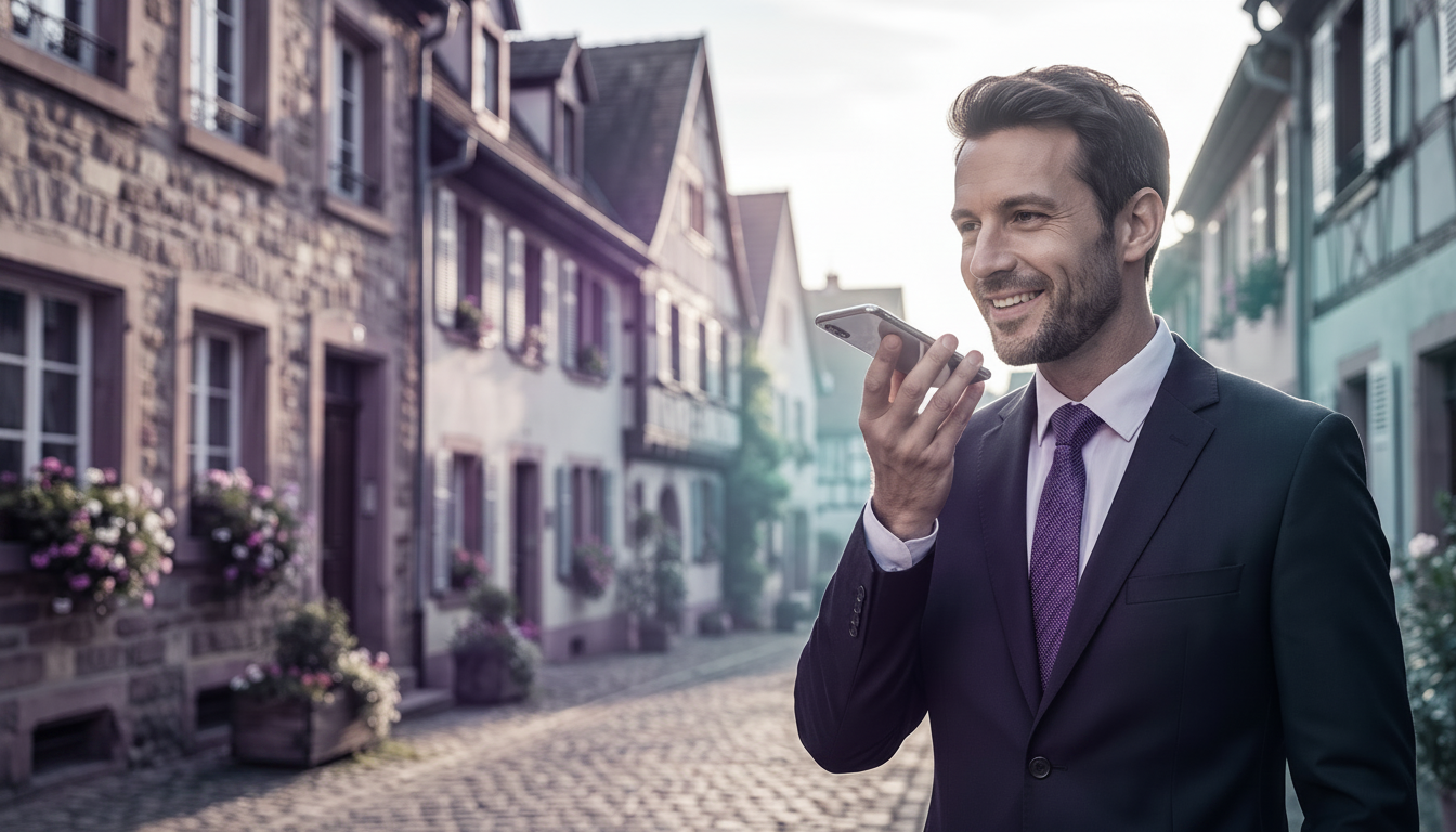 Conseiller immobilier souriant en tenue professionnelle, debout dans une rue résidentielle baignée p