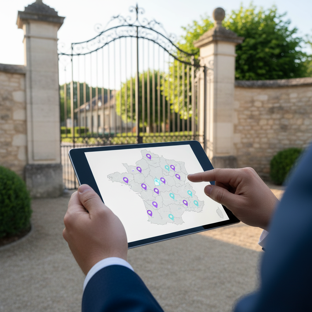 Plan rapproché sur les mains d'une conseillère immobilière tenant une tablette affichant une carte i
