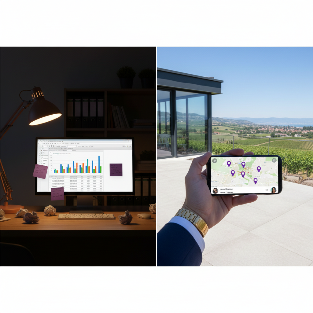 Vue en surimpression (split screen) : à gauche, un bureau en désordre avec des post-its froissés et