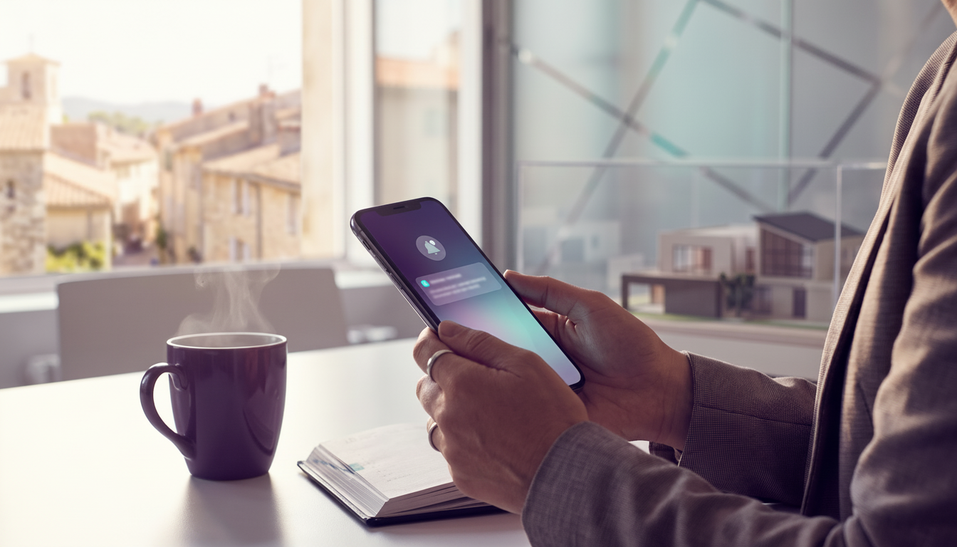Vue rapprochée des mains d'une conseillère immobilière tenant un smartphone affichant une notificati