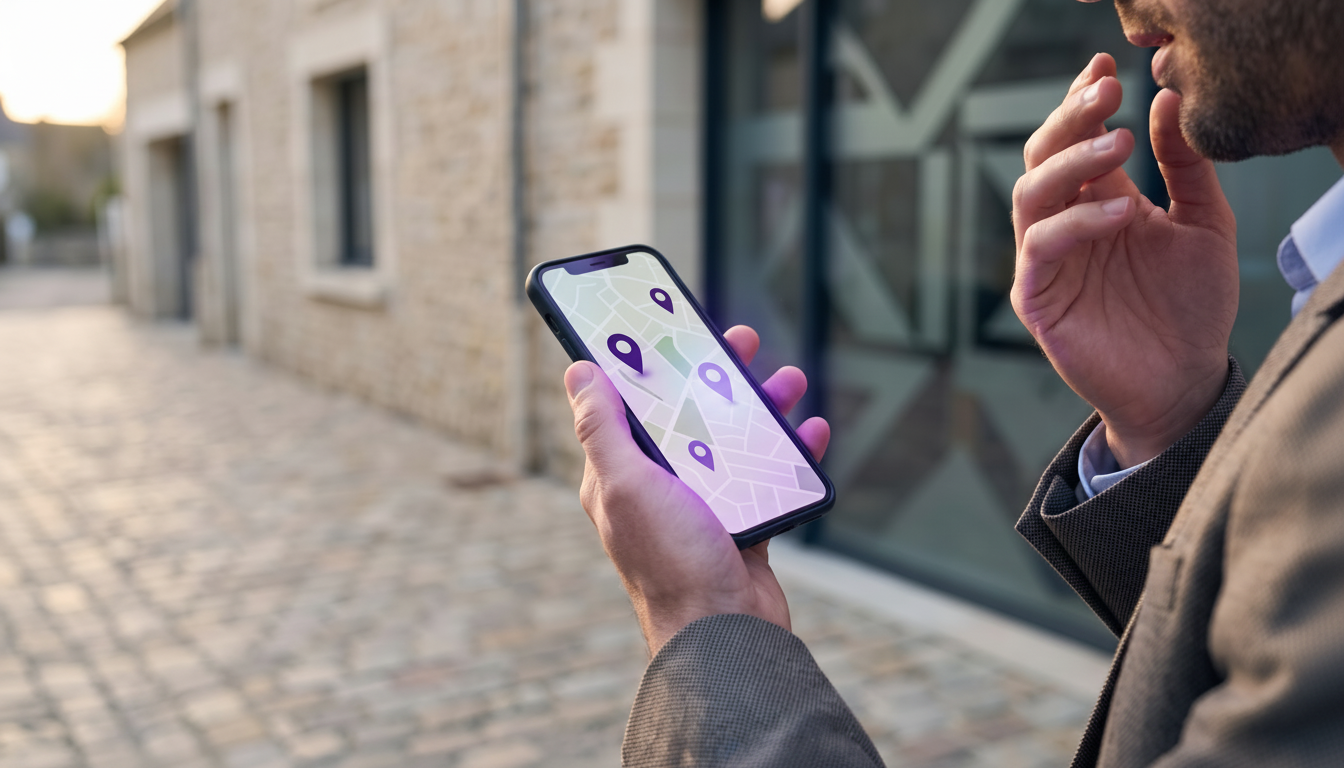 Vue en gros plan sur un smartphone affichant une carte interactive avec des épingles colorées, tenu
