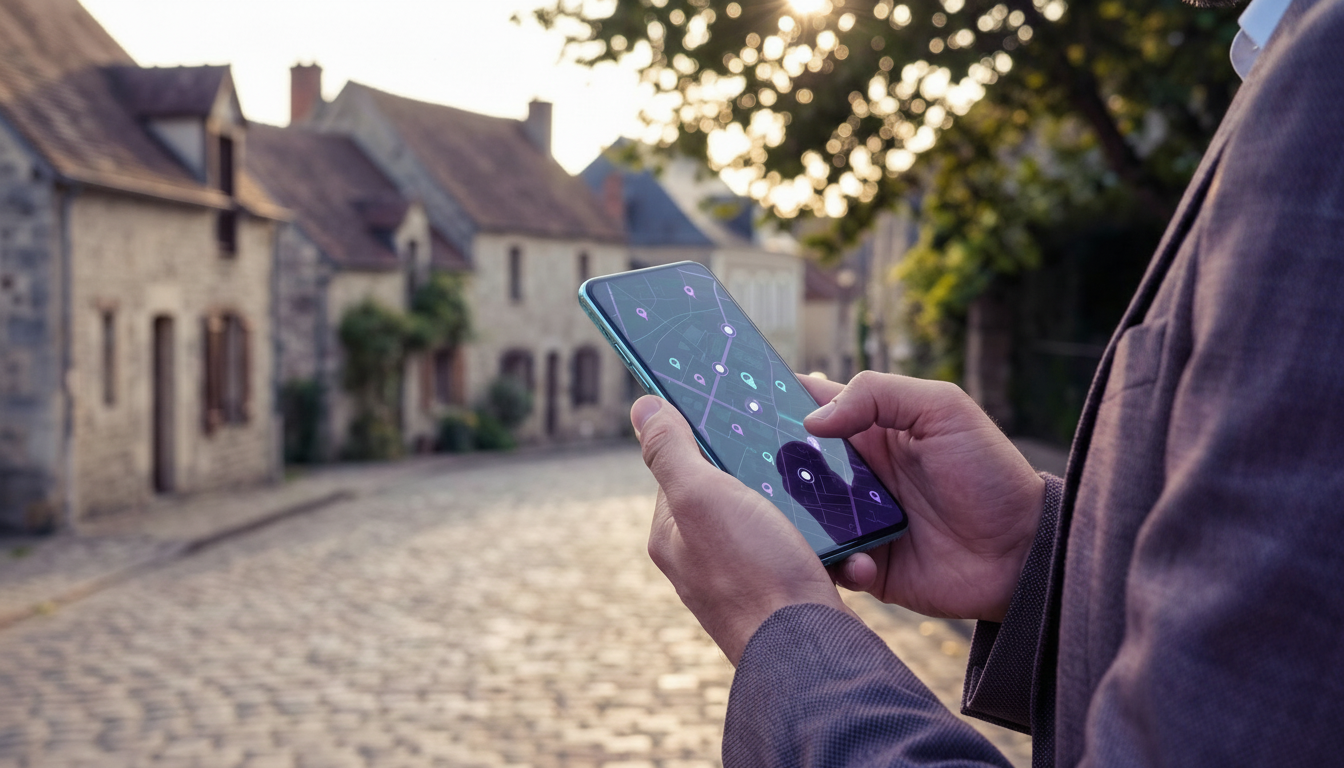 Vue rapprochée des mains d'un conseiller immobilier tenant un smartphone affichant une carte interac