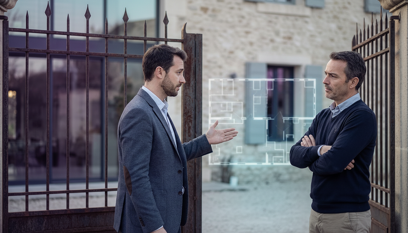 Un conseiller immobilier l'air hésitant devant un portail de maison, sans outil, faisant un geste va