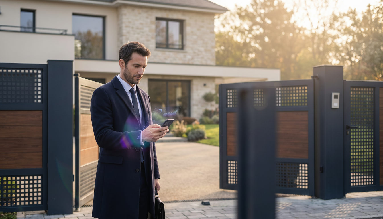 Conseiller immobilier professionnel en tenue de ville devant un portail de maison de banlieue frança