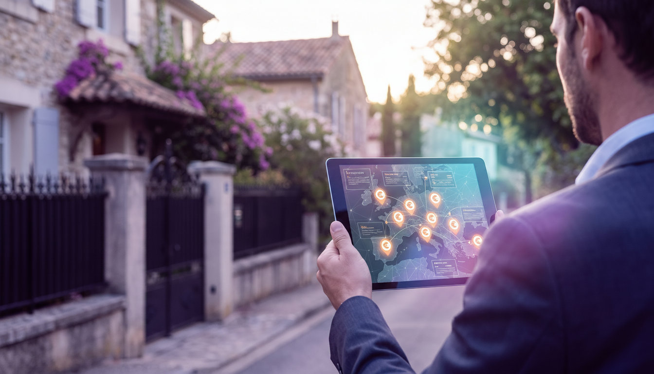 Conseiller immobilier de dos, regardant une carte interactive sur sa tablette montrant des pastilles