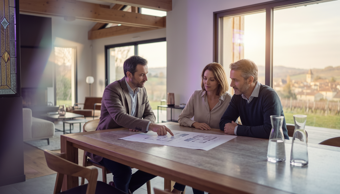 Conseiller immobilier assis à la table de salle à manger avec un couple de vendeurs, pointant du doi