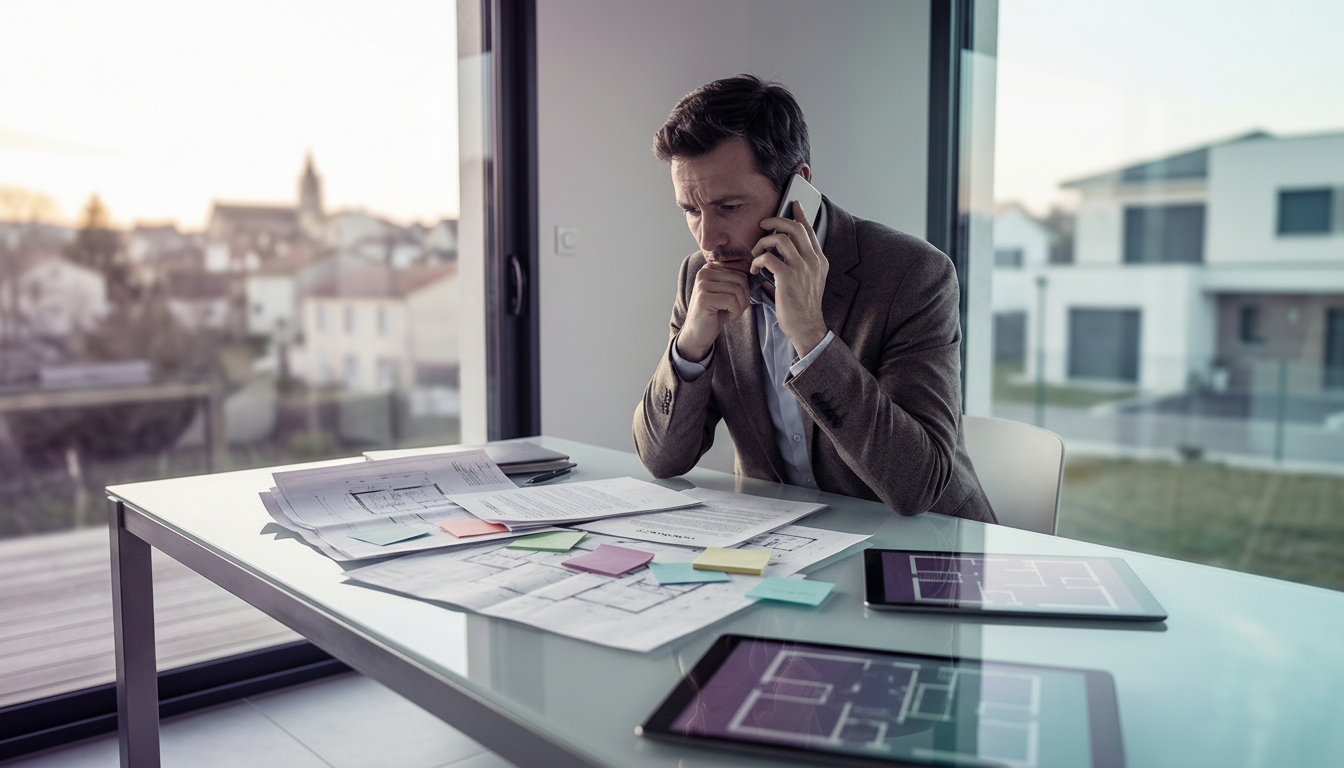 Un conseiller immobilier assis à son bureau, l'air désemparé, regardant une pile de papiers désorgan