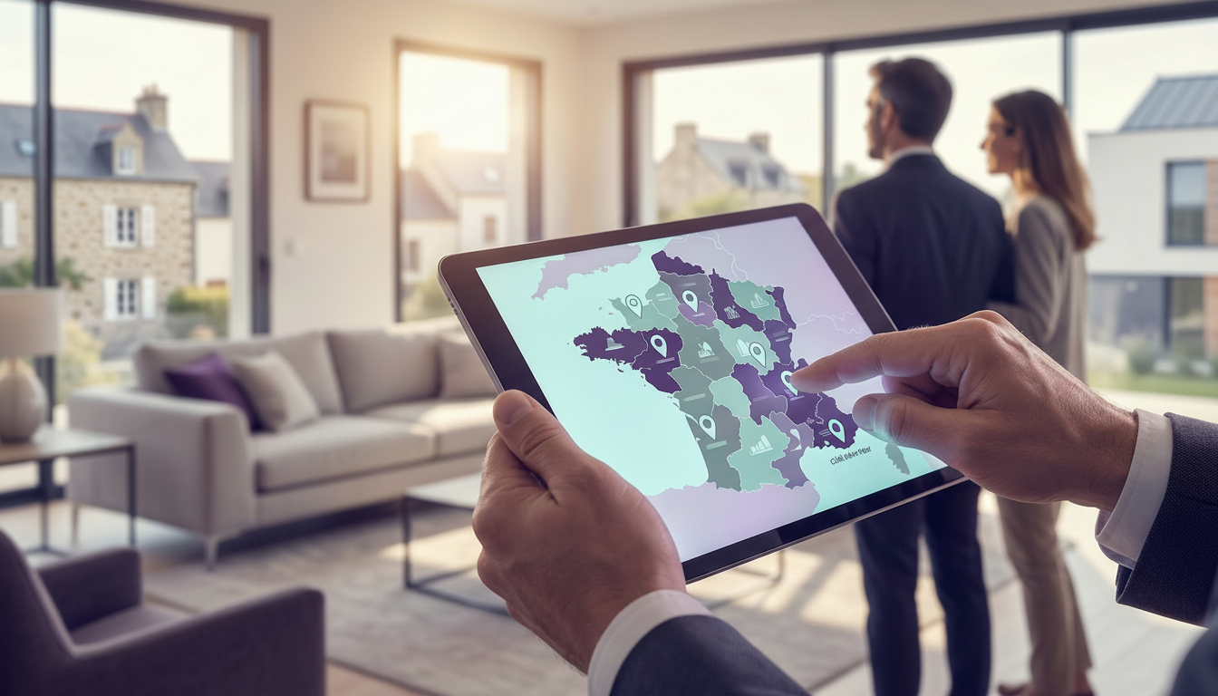 Gros plan sur les mains d'un conseiller immobilier tenant une tablette numérique moderne affichant u