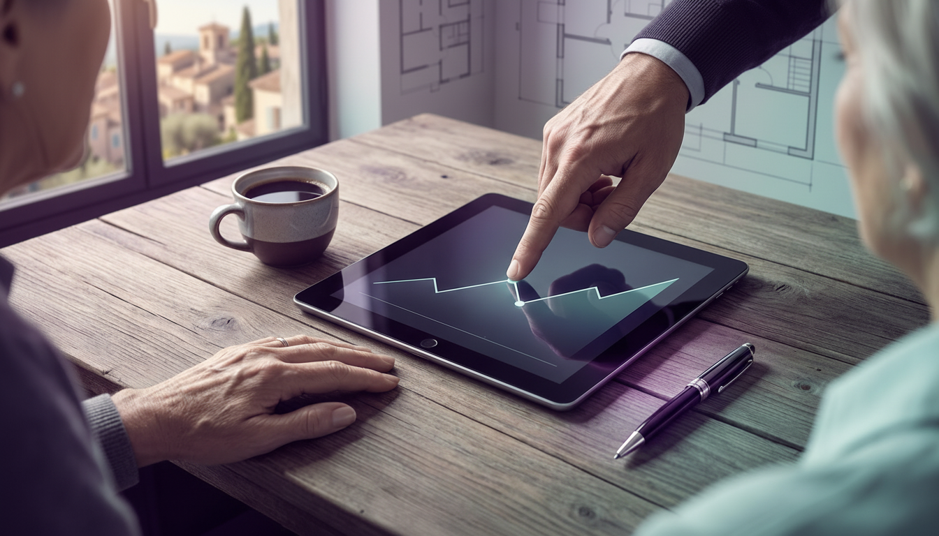 Vue de dessus d'une table de salle à manger en bois. On voit une tablette posée affichant un graphiq