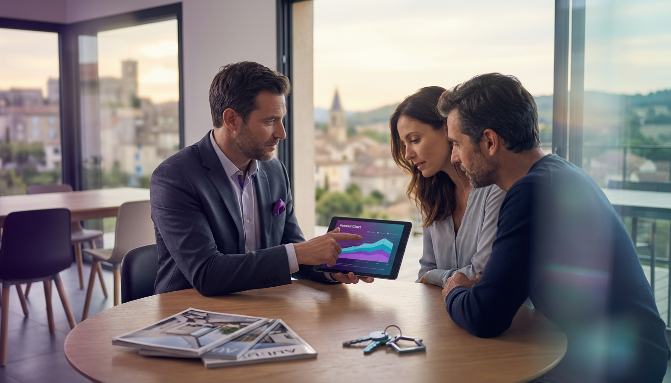 Conseiller immobilier assis à une table de salle à manger moderne, montrant des graphiques de marché