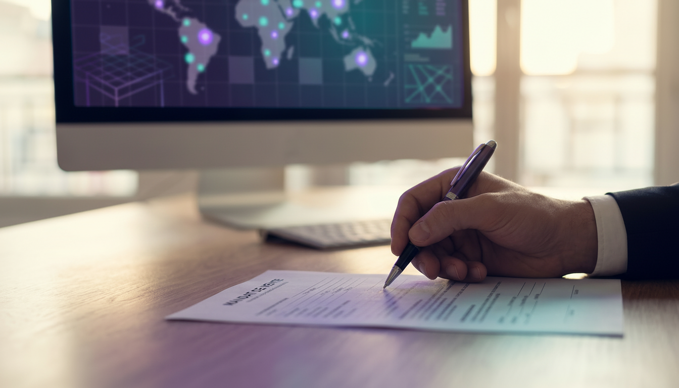 Gros plan sur une main tenant un stylo au-dessus d'un mandat de vente posé sur une table, avec en ar