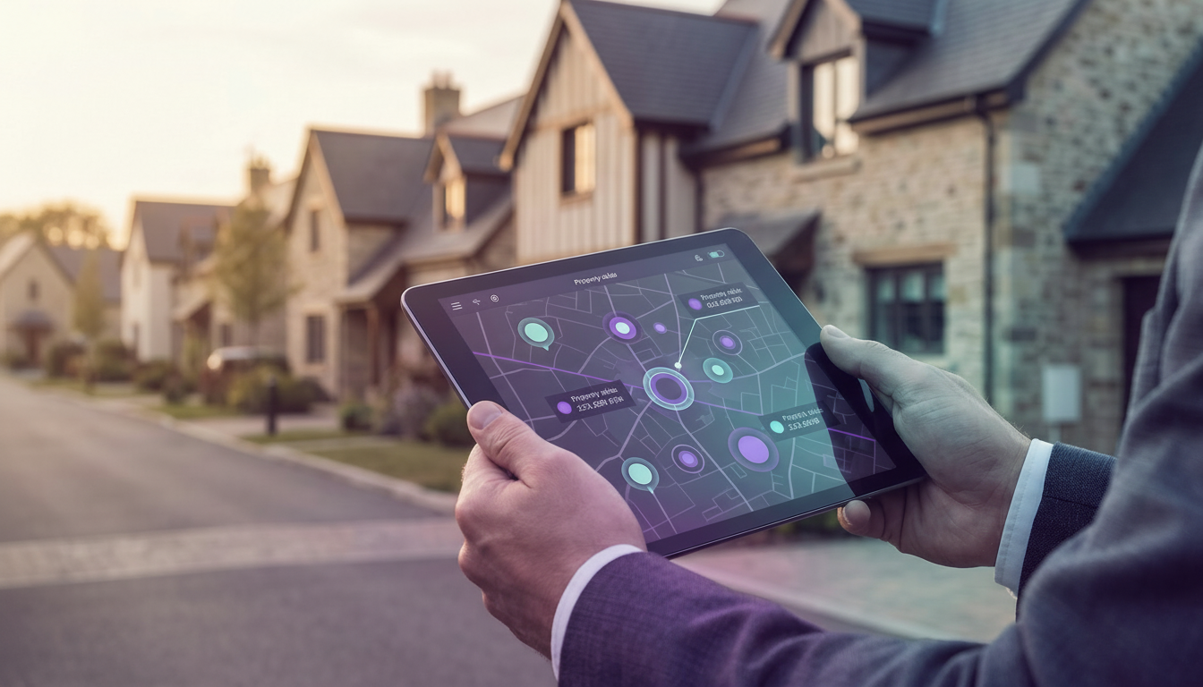 Gros plan sur une tablette tenue par un conseiller immobilier montrant une carte interactive avec de