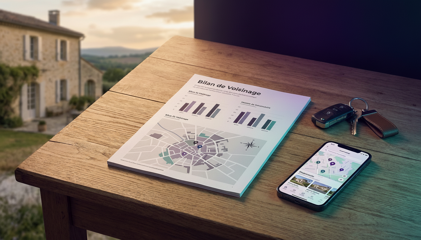 Vue de dessus d'un bureau en bois avec un document imprimé intitulé 'Bilan de Voisinage' montrant de