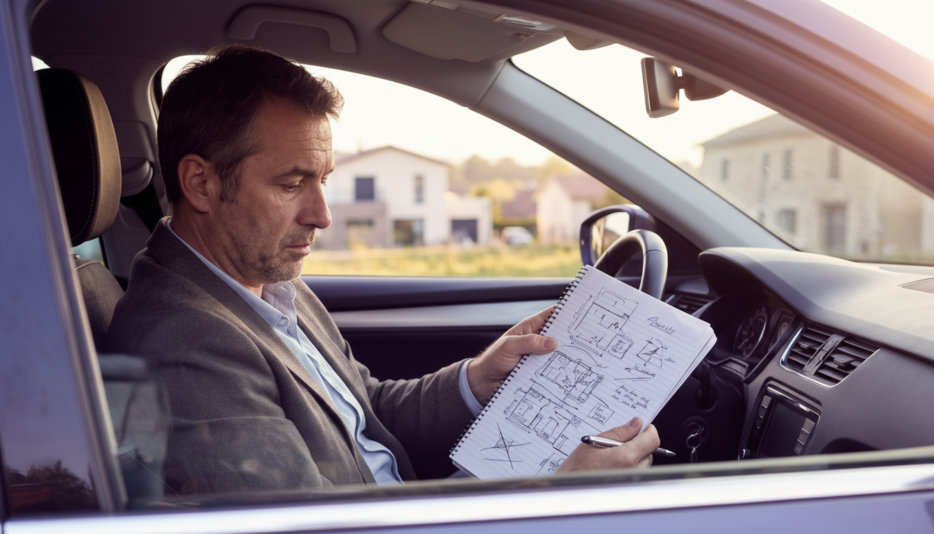 Conseiller immobilier fatigué et découragé, assis dans sa voiture en fin de journée, regardant un ca