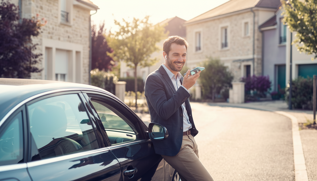 Professionnel de l'immobilier souriant et détendu, adossé à sa voiture dans une rue pavillonnaire en