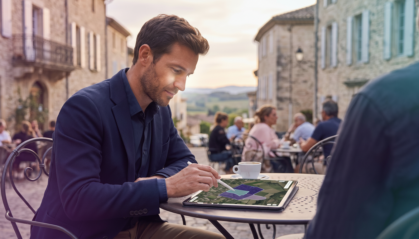 Un conseiller immobilier en tenue professionnelle de terrain, concentré sur sa tablette affichant un