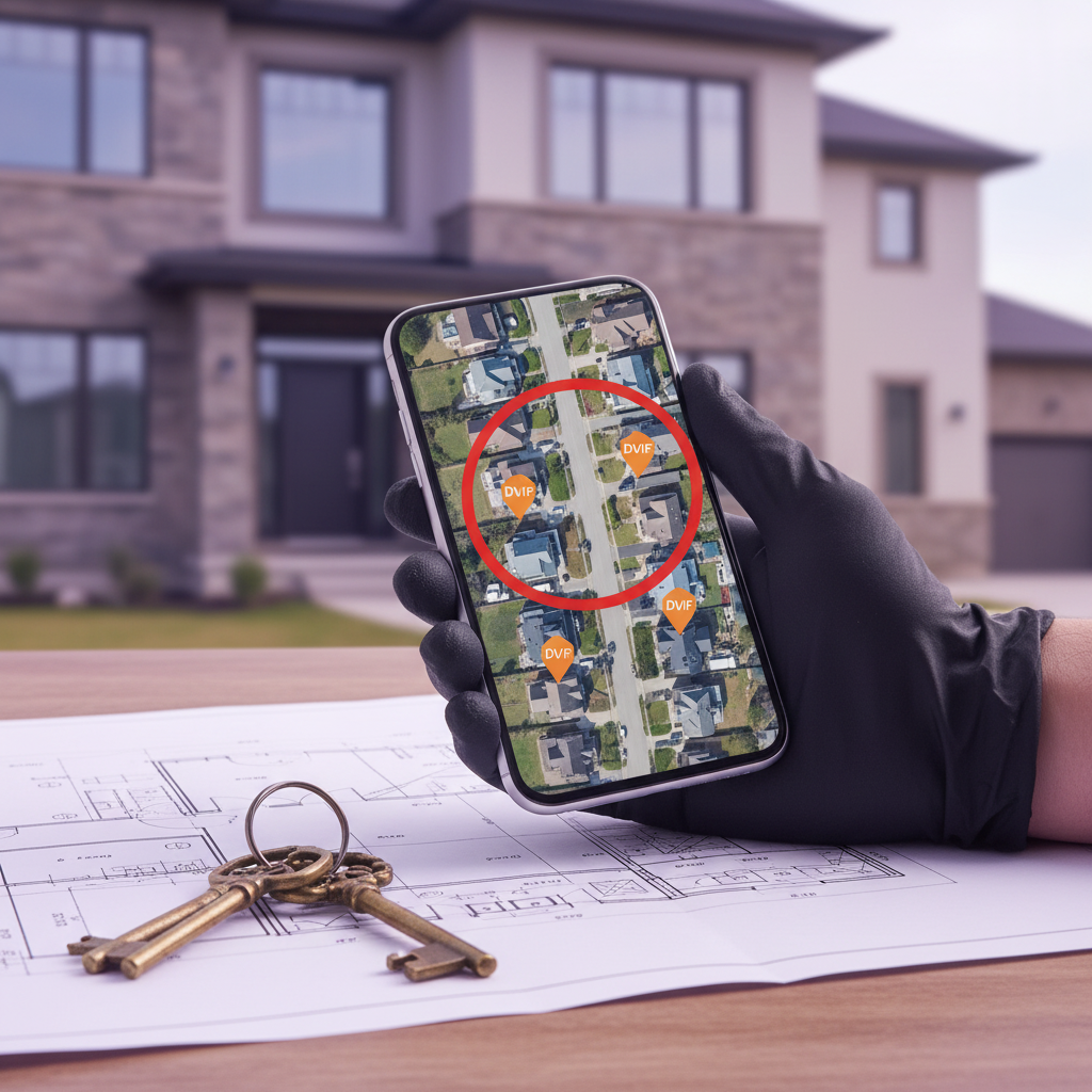 Vue en plongée d'un smartphone affichant l'application ProspeMap avec une zone de prospection tracée