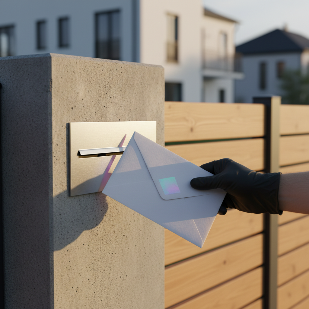 Gros plan artistique sur une main tenant un flyer immobilier élégant et texturé devant une boîte aux