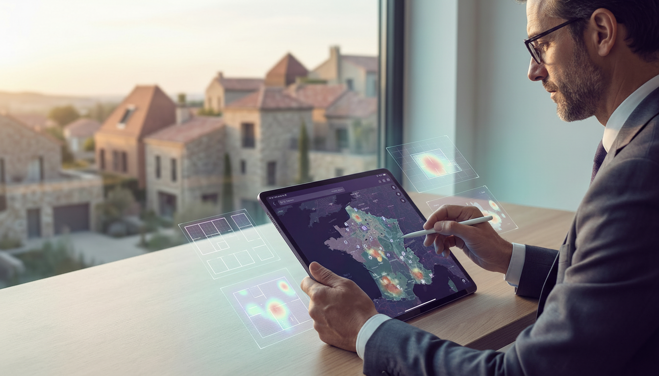 Un conseiller immobilier assis à un bureau, analysant une zone géographique sur une tablette avec l'